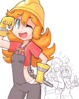 1boy 2girls blouse captain_(artist) engineer_(tf2) gender_request genderswap gift gloves helmet long_hair lowres multiple_girls one_eye_closed overalls panties pyro_(tf2) red_engineer_(tf2) red_hair red_shirt shirt spy_(tf2) team_fortress_2 underwear valve wink wrench