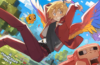 1boy 2others a_minecraft_movie allay alternate_costume animification axe bee bee_(minecraft) bird_boy bird_wings black_shirt blonde_hair blue_eyes brown_hair bug commentary copyright_name crossover dynamic_pose enderman english_commentary flower ghast grass grian_(youtuber) grin happy_ghast hermitcraft highres holding holding_axe insect jacket looking_at_viewer luminous_slime male_focus minecraft minecraft_youtube multiple_others open_clothes open_jacket outdoors pants parrot_boy red_jacket red_pants sheep sheep_(minecraft) shirt short_hair sky smile solo_focus tree wings