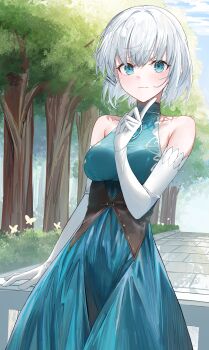 1girl absurdres breasts bug butterfly commentary dress elbow_gloves gloves highres insect kaze_22 korean_commentary large_breasts looking_at_viewer outdoors short_hair siesta_(tantei_wa_mou_shindeiru) solo tantei_wa_mou_shindeiru tree white_gloves