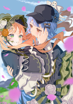 2girls 55szt black_hat blonde_hair blue_hair blurry blurry_foreground braid braided_hair_rings carrying commentary_request day deerstalker dress floating_hair flower frilled_dress frilled_sleeves frills grass green_bonnet green_dress green_eyes hair_rings hand_on_another's_face hat highres lolita_fashion long_hair long_sleeves looking_at_another mahou_shoujo_no_majo_saiban multiple_girls outdoors petals princess_carry rose short_hair sky smile tachibana_sherry tono_hanna twintails wind yellow_flower yellow_rose