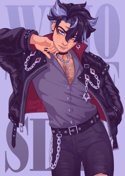 1boy alternate_costume belt black_belt black_choker black_hair black_jacket black_nails black_pants bloominflowers blue_eyes chain chain_necklace chest_hair choker earrings genshin_impact grey_background grey_hair grey_shirt highres jacket jewelry looking_at_viewer multicolored_hair necklace open_clothes open_jacket pants shirt solo text_background torn_clothes torn_pants two-tone_hair wriothesley_(genshin_impact)