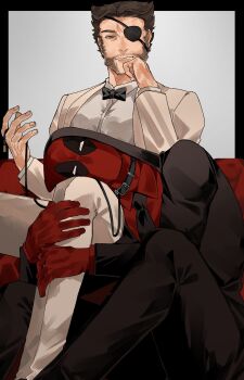 2boys beard black_bow black_bowtie black_jacket black_pants bow bowtie brown_hair closed_mouth collar commentary_request deadpool deadpool_&amp;_wolverine deadpool_(series) eyepatch facial_hair gloves green_eyes head_on_another's_leg highres holding holding_leash hood hood_up jacket leash long_sleeves male_focus marvel marvel multiple_boys muscular muscular_male necktie pants patch_(wolverine) pectorals red_gloves red_mask red_shirt shirt short_hair sitting white_shirt wolverine_(x-men) wonpese x-men yaoi