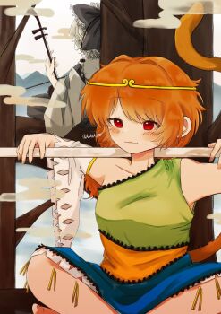 2girls :3 amacha_0000 bare_arms blue_dress bo_staff bow brown_hair brown_tail circlet commentary_request detached_sleeves dress erhu green_dress grey_bow grey_hair grey_skirt highres holding holding_instrument instrument japanese_clothes kimono monkey monkey_girl monkey_tail multicolored_dress multiple_girls red_eyes ruyi_jingu_bang satsuki_rin single-shoulder_dress single_detached_sleeve single_strap sitting skirt son_biten tail test_tube touhou white_kimono wide_sleeves yellow_dress