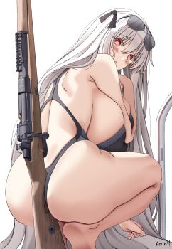 1girl :o ass barefoot between_buttocks black_one-piece_swimsuit blush bolt_action breasts eyewear_on_head from_behind girls'_frontline gun hair_ornament heart heart-shaped_pupils highleg highleg_one-piece_swimsuit highres huge_breasts kar98k_(girls'_frontline) keenh long_hair looking_at_viewer looking_back mauser_98 one-piece_swimsuit open_mouth red_eyes rifle simple_background sniper_rifle soles solo squatting sunglasses swimsuit symbol-shaped_pupils thick_thighs thighs weapon white_background white_hair