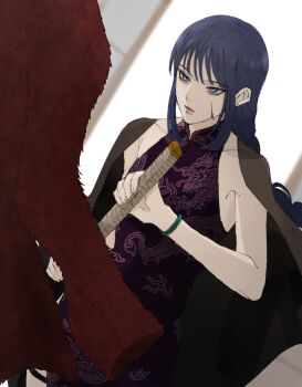 1girl black_hair blood blood_on_face blue_eyes boruto:_two_blue_vortex braid brown_cape cape commentary cuts dress dutch_angle earrings highres holding holding_weapon ifevilwhyuhot injury jacket jewelry kakei_sumire long_hair naruto_(series) purple_dress red_jacket sidelocks solo stud_earrings weapon wristband