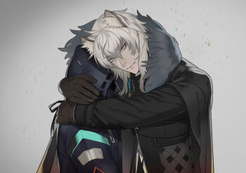 Rule 34 | 1boy, 1other, animal ear fluff, animal ears, ark1478, arknights, black cape, black coat, black gloves, black jacket, blue eyes, cape, coat, commentary request, doctor (arknights), fur trim, gloves, grey background, grey eyes, grey hair, hair between eyes, head tilt, highres, hood, hood up, hooded coat, hooded jacket, hug, jacket, long sleeves, looking at viewer, male focus, parted lips, silverash (arknights), simple background, smile, snow leopard boy, snow leopard ears, upper body, white hair