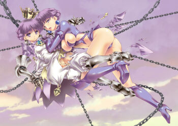 2girls armor armored_dress ass atlus bloomers boots breasts chain crown dress dual_persona earrings gauntlets gold_crown gradriel gradriel_de_valendia highres jewelry knee_boots large_breasts multiple_girls princess_crown purple_background purple_eyes purple_hair purple_theme revealing_clothes sabadri small_breasts torn_clothes uguisu_kagura underwear white_bloomers