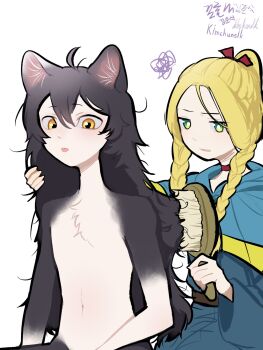 Rule 34 | 2girls, ahoge, alternate hair length, alternate hairstyle, animal ear fluff, animal ears, artist name, black hair, blonde hair, braid, brushing hair, cat ears, cat girl, cat tail, commentary, dungeon meshi, english commentary, green eyes, hair brush, highres, izutsumi, kimchunsik, marcille donato, multiple girls, navel, nude, open mouth, red scarf, scarf, short hair, simple background, slit pupils, solo, tail, twin braids, white background, yellow eyes