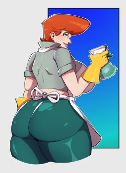 1girl absurdres apron ass bottle dexter&#039;s_laboratory green_eyes green_pants green_shirt highres holding mom_(dexter&#039;s_laboratory) mr_mapache orange_hair pants shirt short_hair short_sleeves solo spray_bottle white_apron