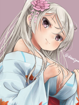 Rule 34 | 1girl, akino shuu, animal print, blue kimono, breasts, commentary request, conte di cavour (kancolle), conte di cavour (yukata) (kancolle), fish print, flower, grey hair, hair flower, hair ornament, japanese clothes, kantai collection, kimono, large breasts, long hair, looking at viewer, obi, off shoulder, official alternate costume, pink flower, print kimono, purple background, sash, simple background, solo