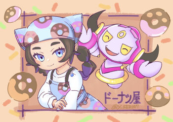 1girl absurdres ansha_(pokemon) apron blue_apron blue_eyes closed_mouth commentary_request donut eyelashes food gen_6_pokemon hand_on_own_arm highres hoopa hoopa_(confined) legendary_pokemon long_hair looking_at_viewer mythical_pokemon nintendo pokemon pokemon_(creature) pokemon_legends:_z-a shirt smile translation_request twitter_username white_shirt yu-san_(seria7)