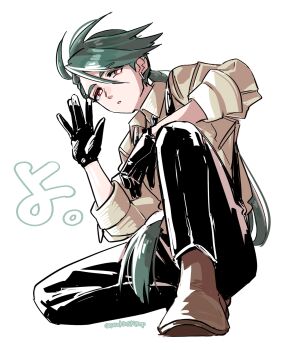 1girl black_gloves black_necktie bright_pupils brown_shoes collared_shirt commentary_request full_body gloves green_hair highres long_sleeves looking_at_viewer necktie nintendo parted_lips pokemon pokemon_sv pon_(ponymmtknsk) ponytail red_eyes reverse_trap rika_(pokemon) shirt shoes simple_background solo squatting white_background white_pupils white_shirt