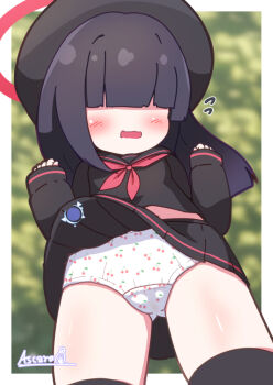 1girl ascaro black_hair black_headwear black_sailor_collar black_serafuku black_shirt black_skirt black_thighhighs blue_archive blunt_bangs blush breasts cherry_panties cherry_print clothes_lift commentary_request cowboy_shot female_focus food_print fruit_print hair_over_eyes halo hands_up justice_task_force_member_(blue_archive) loli long_hair long_sleeves midriff_peek miniskirt neckerchief open_mouth panties pleated_skirt print_panties red_halo red_neckerchief sailor_collar sailor_shirt school_uniform serafuku shirt skirt skirt_lift sleeves_past_wrists small_breasts solo thighhighs underwear wavy_mouth white_panties