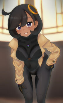 1girl 517pomme black_bodysuit black_gloves black_hair blue_eyes blurry blurry_background bodysuit breasts collared_jacket commentary_request emma_(pokemon) eyelashes gloves grin happy highres jacket leaning_forward long_sleeves looking_at_viewer nintendo open_clothes open_jacket pokemon pokemon_legends:_z-a ring_hair_ornament short_hair smile solo teeth yellow_jacket