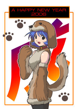 1girl 2006 animal_collar animal_ear_headwear animal_ears animal_hands animal_hat belt belt_buckle black_eyes black_pantyhose blue_hair brown_gloves brown_jumpsuit buckle collar cowboy_shot dog_ears dog_hat dog_tail elbow_gloves fake_animal_ears fake_tail from_side fur_gloves gloves hand_up happy_new_year hat judy_totoya jumpsuit looking_at_viewer looking_to_the_side new_year open_mouth original pantyhose paw_gloves paw_print red_belt short_hair short_jumpsuit sleeveless_jumpsuit smile solo tail tail_raised