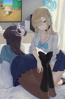 2girls absurdres ahoge angdo_(kakajo26) animal_crossing ass asuna_(blue_archive) asuna_(school_uniform)_(blue_archive) asymmetrical_legwear bedroom black_choker black_hair black_socks blonde_hair blue_archive blue_bow blue_bowtie blue_cardigan blue_eyes blue_halo blue_ribbon blue_skirt book bow bowtie breasts button_gap cardigan choker cleavage collarbone collared_shirt commentary_request curtains dress_shirt grey_halo hair_over_one_eye hair_ribbon halo hand_on_another's_ass highres karin_(blue_archive) karin_(school_uniform)_(blue_archive) kneehighs kneeling large_breasts legs_up long_bangs long_hair long_sleeves looking_at_viewer lying miniskirt multiple_girls nintendo no_shoes on_bed on_pillow on_stomach one_eye_covered peroro_(blue_archive) pleated_skirt ribbon school_uniform shirt skirt socks television tom_nook_(animal_crossing) watching_television white_shirt