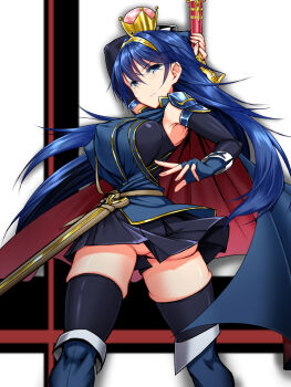 1girl alternate_breast_size arm_warmers armor armpits ass bad_id bad_pixiv_id blue_boots blue_eyes blue_gloves blue_hair blue_thighhighs boots breasts covered_erect_nipples cowboy_shot crown falchion_(fire_emblem) female_focus fingerless_gloves fire_emblem gloves gluteal_fold highres kawahagi-tei kawahagitei large_breasts legs long_hair looking_at_viewer lucina_(fire_emblem) mario_(series) marth_(fire_emblem) miniskirt new_super_mario_bros._u_deluxe nintendo no_panties pleated_skirt scabbard scowl sheath shoulder_armor skindentation skirt solo super_crown super_smash_bros. sword thigh_boots thighhighs tiara unsheathed weapon zettai_ryouiki