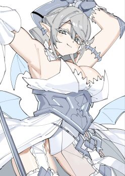 1girl armpits arms_up bare_shoulders breasts cleavage cowboy_shot demon_girl demon_horns demon_wings dress duel_monster earrings grey_eyes grey_hair highres horns itoama_030 jewelry large_breasts lovely_labrynth_of_the_silver_castle low_wings multiple_wings pointy_ears simple_background slit_pupils solo strapless strapless_dress white_background white_dress white_wings wings yu-gi-oh!