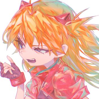 1girl blue_eyes brown_gloves choppy_bangs commentary_request fingerless_gloves gloves hand_up highres jacket long_hair neon_genesis_evangelion okubatomaeba open_clothes open_jacket open_mouth orange_hair red_jacket solo souryuu_asuka_langley tsurime uneven_eyes upper_body