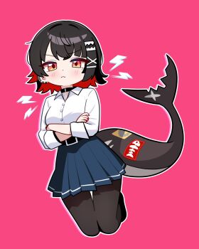 1girl black_hair blue_skirt breasts brown_pantyhose choker closed_mouth collared_shirt colored_inner_hair crossed_arms earclip ellen_joe ellen_joe_(on_campus) fins fish_tail frown hair_ornament highres jorang_(jorang08) lightning_bolt_symbol looking_at_viewer multicolored_hair nail_polish outline pantyhose pink_background red_eyes red_nails shark_tail shirt shirt_tucked_in short_hair simple_background skirt sleeves_rolled_up small_breasts solo tail v-shaped_eyebrows white_outline white_shirt zenless_zone_zero