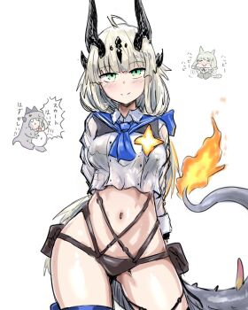 Rule 34 | 3girls, animal ears, arknights, bikini, black bikini, blonde hair, cat ears, cat girl, dinosaur costume, dragon girl, dragon horns, dragon tail, fire, flame-tipped tail, geist43195783, green eyes, happy happy happy cat (meme), harmonie (arknights), highres, horns, long hair, looking at viewer, meme, multiple girls, navel, necrass (arknights), official alternate costume, open mouth, reed (arknights), reed the flame shadow (arknights), reed the flame shadow (summer flower) (arknights), sailor collar, sailor shirt, shirt, simple background, smile, stomach, swimsuit, tail, translation request, white background, white shirt