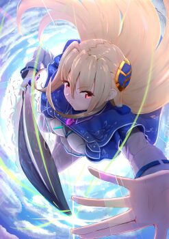 1girl absurdres blonde_hair blue_capelet blue_sky breasts capelet closed_mouth cloud cloudy_sky day eyes_visible_through_hair floating_hair hair_between_eyes hair_intakes hair_ornament hairpods heaven_burns_red highres holding holding_sword holding_weapon incoming_attack long_hair long_sleeves looking_at_viewer midair miniskirt psy_(artist) red_eyes serious shirakawa_yuina sidelocks skirt sky solo sword very_long_hair weapon