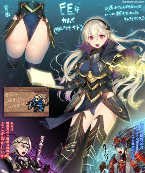1girl 2boys anger_vein armor armored_boots armored_dress ass black_capelet black_leotard black_thighhighs blonde_hair blue_background blurry bokeh book boots breastplate breasts brown_hair capelet character_name circlet clawed_gauntlets clenched_hand commentary copyright_name female_corrin_(fire_emblem) depth_of_field dress electricity feet_out_of_frame fire_emblem fire_emblem_fates floating_hair gauntlets groin hair_between_eyes hairband headpiece highleg highleg_leotard highres holding holding_book horse horseback_riding japanese_armor kashiwamochi_yomogi leotard leotard_under_clothes light_particles long_hair looking_at_viewer magic medium_breasts multiple_boys multiple_views nintendo open_book open_hand open_mouth outstretched_arm outstretched_hand pelvic_curtain purple_background red_eyes riding ryoma_(fire_emblem) spiked_hair thigh_boots thighhighs thighhighs_under_boots thighs translated twitter_username v-shaped_eyebrows xander_(fire_emblem) yellow_background