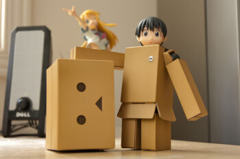 Rule 34 | 2girls, black eyes, black hair, box, cardboard box, copyright name, danboo, dell, figure, full body, hayasaka miura, kousaka kirino, minimized, multiple girls, ore no imouto ga konna ni kawaii wake ga nai, photo (medium), revoltech, standing, triangle mouth, yotsubato!