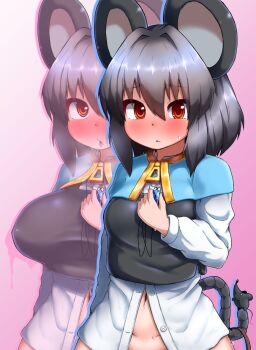 1girl animal_ears blue_capelet blush bottomless breast_expansion breasts capelet closed_mouth commentary_request cowboy_shot grey_hair grey_vest hair_between_eyes holding holding_jewelry holding_necklace jewelry large_breasts long_sleeves looking_at_viewer mouse_ears mouse_girl navel nazrin necklace orange_eyes pendant peso_(cheese_company) pink_background ringed_eyes shirt short_hair small_breasts solo touhou vest white_shirt