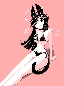 Rule 34 | !, 1girl, ahoge, andaerz, animal ears, bare shoulders, between thighs, bikini, black bikini, black eyes, black hair, black tail, breasts, cat ear bikini, cat ears, cat girl, cat girl (andaerz), cat tail, halo, heart, highres, large ears, long hair, looking at viewer, medium breasts, mouse (animal), narrow waist, navel, one eye closed, original, print bikini, side-tie bikini bottom, sitting, smile, star (symbol), star print, star print bikini, swimsuit, tail, thick eyelashes, wings