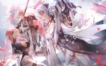 1boy 2girls black_gloves black_leotard black_pants breasts bronya_zaychik bronya_zaychik_(silverwing:_n-ex) brown_shirt cleavage commentary crystal_shards dress drill_hair elbow_gloves english_commentary gloves grey_hair gun hata_(ohataa0) highres holding holding_weapon honkai_(series) honkai_impact_3rd large_breasts leotard long_hair lyle_collodi mask mouth_mask multiple_girls outdoors pants pink_hair rifle shirt short_hair sideboob timido_cute very_long_hair weapon white_dress