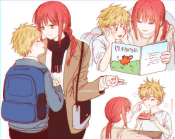 1boy 1girl ^_^ age_difference aged_down backpack bag black_scarf blonde_hair blue_bag blush book braid braided_ponytail bread bread_slice brown_jacket chainsaw_man closed_eyes commentary_request denji_(chainsaw_man) eating food food_on_face hands_on_own_cheeks hands_on_own_face hetero holding holding_book jacket lying makima_(chainsaw_man) moina motherly multiple_views on_stomach onee-shota pochita_(chainsaw_man) ponytail reading red_hair ringed_eyes scarf sharp_teeth sidelocks simple_background sleepy smile squeans teeth toast twitter_username white_background yellow_eyes