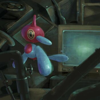 commentary_request computer crt disembodied_head floating gen_4_pokemon highres indoors industrial_pipe nintendo no_humans pokemon pokemon_(creature) porygon-z ringed_eyes sakusakufugashi valve yellow_eyes