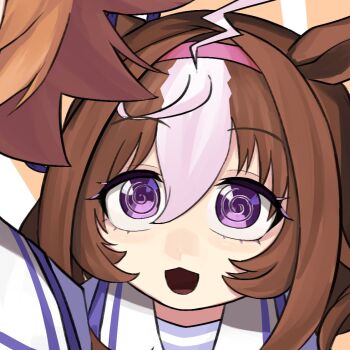 @_@ ahoge animal_ears blush bow brown_hair double-parted_bangs ear_covers ear_ribbon hair_between_eyes hairband horse_ears horse_girl medium_hair meisho_doto_(umamusume) multicolored_hair multiple_girls open_mouth pink_hairband purple_eyes sanada_ina school_uniform shirt short_hair single_ear_cover smile t.m._opera_o_(umamusume) tracen_school_uniform two-tone_hair umamusume umamusume:_road_to_the_top white_hair