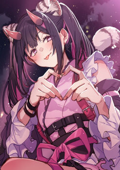 1boy black_hair cho_kaguya-hime! commentary_request crossdressing crossdressing_(mtf) heart heart_hands horns ichinose_kei japanese_clothes komazawa_noi long_hair looking_at_viewer male_focus multicolored_hair pink_eyes pink_hair pink_horns smile solo streaked_hair trap twintails two-tone_hair