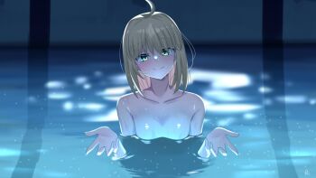 1girl absurdres ahoge artoria_pendragon_(fate) blonde_hair blush chainsaw_man collarbone fate/stay_night fate_(series) green_eyes highres i&#039;ll_teach_you_everything_(chainsaw_man) long_hair nude rey_r31_44 saber_(fate) scene_reference shiny_skin smile solo water