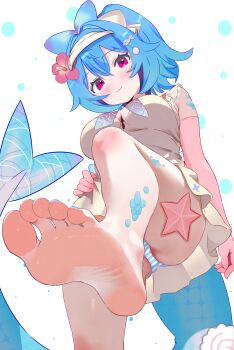 1girl :3 absurdres bare_legs barefoot blue_hair blue_nails blue_neckerchief blue_panties blue_scales blush bow breasts bubble_background cleavage closed_mouth clothes_lift commentary commission cowboy_shot crossed_bangs double-parted_bangs dress dress_lift elbow_gloves feet film_grain fins fish_girl fish_hair_ornament fish_tail flower food-themed_hair_ornament foot_focus from_below gloves greek_toe hair_between_eyes hair_bow hair_flower hair_intakes hair_ornament head_down hibiscus highres indie_virtual_youtuber knee_up lazuli_(vtuber) lips looking_at_viewer looking_down medium_breasts multicolored_neckerchief nail_polish narutomaki_hair_ornament neckerchief panties pantyshot pink_eyes pink_flower pink_gloves pixiv_commission red_neckerchief sailor_dress scales short_hair smile soles solo standing standing_on_one_leg starfish striped_clothes striped_panties tail toenail_polish toenails toes two-tone_panties underwear uroichi virtual_youtuber visor_cap white_background white_bow white_dress white_panties white_visor_cap