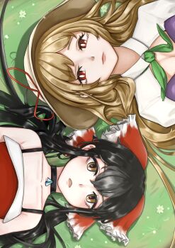 2girls absurdres agucala_(cookie) black_choker black_hair blonde_hair bow brown_eyes choker closed_mouth collared_shirt cookie_(touhou) dress eu_sem_voce_(meme) hair_bow hakurei_reimu highres long_hair looking_at_viewer lying meme multiple_girls nari-14 on_back open_mouth red_bow red_dress red_eyes shirt sidelocks sideways sleeveless sleeveless_dress spaghetti_strap touhou twintails upper_body white_shirt yakumo_yukari yuyusu_(cookie)