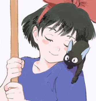 1girl animal black_cat black_hair blue_dress blush bow broom cat child close-up closed_eyes dress gan2 hair_bow highres holding holding_broom jiji_(majo_no_takkyuubin) kiki_(majo_no_takkyuubin) looking_at_animal majo_no_takkyuubin red_bow short_hair simple_background smile studio_ghibli upper_body