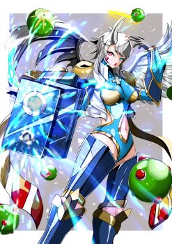 absurdres angel angel_wings armor azazel_(helltaker) cosplay demon_girl digimon digimon_frontier fallen_angel floating fusion gun helltaker highres looking_at_viewer loremaster_(helltaker) magnaazazelmon magnagarurumon magnagarurumon_(cosplay) red_lips sephirothmon smile teeth weapon white_hair wings