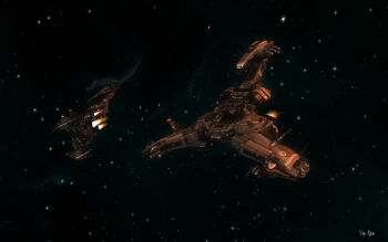 3d artist_name battleship_(eve_online) caldari_state_(eve_online) commentary dark_background electronic_warfare_ship_(eve_online) emblem english_commentary eve_online fire flying glowing highres lai_dai_corporation_(eve_online) logo military_vehicle no_humans outdoors radio_antenna realistic space spacecraft star_(sky) starry_sky_background thrusters vankaiser vehicle_focus