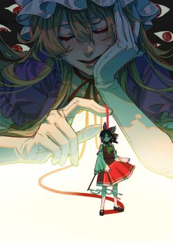 2girls ascot black_hair black_shoes blonde_hair bow choker closed_mouth commentary detached_sleeves disembodied_eye double-parted_bangs dress elbow_gloves facing_viewer frilled_bow frilled_hair_tubes frills gap_(touhou) gloves gohei hair_between_eyes hair_bow hair_tubes hakurei_reimu hand_on_own_cheek hand_on_own_face hat highres holding holding_gohei kneehighs long_hair long_sleeves looking_at_viewer mob_cap multiple_girls noriuma puffy_short_sleeves puffy_sleeves purple_dress red_bow red_choker red_ribbon red_shirt red_skirt ribbon ribbon-trimmed_sleeves ribbon_choker ribbon_trim shirt shoes short_sleeves skirt sleeveless sleeveless_shirt socks standing touhou white_gloves white_hat white_sleeves white_socks wide_sleeves yakumo_yukari yellow_ascot