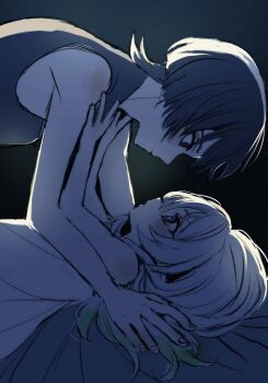 1boy 1girl alternate_costume alternate_hairstyle bare_shoulders black_background black_bodysuit black_eyes black_hair blunt_ends blush bodysuit boy_on_top bright_pupils chemise closed_mouth couple cross-shaped_pupils eye_contact fingernails from_side genshin_impact gradient_hair green_eyes green_hair hair_down hand_in_another&#039;s_hair hands_on_another&#039;s_chest hetero hirarinoie loli long_hair looking_at_another lying multicolored_hair nahida_(genshin_impact) on_back open_hands open_mouth outstretched_arms petite reaching reaching_towards_another scaramouche_(genshin_impact) shoulder_blush sleeveless sleeveless_bodysuit symbol-shaped_pupils wanderer_(genshin_impact) white_chemise white_hair white_pupils yukadon