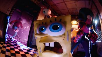 1girl 2boys 3d absurdres black_hair blue_eyes bonnie_(fnaf) buck_teeth ceiling_light checkered_floor chica codaanim crossover drawer electrical_outlet five_nights_at_freddy's freddy_fazbear garnet_(steven_universe) highres light_switch meme multiple_boys office red_soldier_(tf2) robot rozzum_unit_7134 shadow sign soldier_(tf2) sponge spongebob_squarepants spongebob_squarepants_(series) star_(symbol) steven_universe sweatdrop team_fortress_2 teeth television the_wild_robot warning_sign worried yellow_sponge