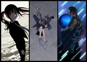 1girl \o/ album_cover alternate_hairstyle animal_print arms_up barefoot black_border black_hair black_jacket black_pants black_shirt blue_jacket border cellphone commentary_request cover floating_hair floating_neckwear headphones holding holding_shoes holding_unworn_clothes jacket lollipop_in_mouth long_skirt looking_at_viewer looking_to_the_side multicolored_hair multiple_views necktie open_clothes open_jacket outstretched_arms pants phone plaid_clothes plaid_skirt planet pleated_skirt profile rain red_hair second-party_source shirt shoes sidelocks sitting skirt smartphone sono_bisque_doll_wa_koi_wo_suru standing sugaya_nowa sukegawa_hirohiko twintails two-tone_hair umbrella umbrella_riding unworn_headphones unworn_shoes usb_cable water zebra_print