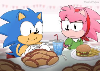 aged_down amy_rose animated animated_gif blue_fur blue_hair burger chili_dog classic_amy classic_sonic cup dating diner disposable_cup eating food french_fries green_shirt hairband indoors maneki_penguin pink_fur pink_hair sega serious shirt sitting smile sonic_(series) sonic_the_hedgehog