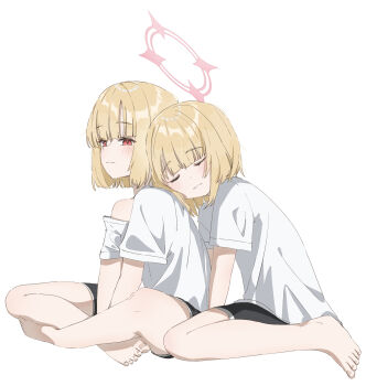 2girls :3 absurdres alternate_costume alternate_hairstyle barefoot black_shorts blonde_hair blue_archive blunt_bangs blush casual closed_eyes closed_mouth commentary dolphin_shorts facing_viewer feet full_body hair_down halo highres indian_style ixia559 leaning_forward leaning_on_person looking_at_viewer medium_hair midori_(blue_archive) momoi_(blue_archive) multiple_girls no_halo no_headwear parted_lips pink_halo red_eyes shirt short_sleeves shorts siblings simple_background single_bare_shoulder sisters sitting smile straight_hair t-shirt toenails toes twins wariza white_background white_shirt