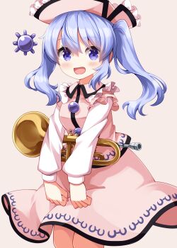 1girl :d blue_eyes blue_hair blush collared_vest commentary_request completion_time cowboy_shot frilled_hat frilled_shirt_collar frills hair_between_eyes hat highres instrument long_hair long_sleeves looking_at_viewer merlin_prismriver open_mouth pink_background pink_hat pink_skirt pink_vest ruu_(tksymkw) shirt simple_background skirt skirt_set smile solo touhou trumpet twintails vest white_shirt