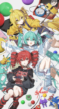 ahoge akita_neru alternate_costume aqua_eyes aqua_hair ball black_hoodie black_shorts blonde_hair cellphone chinese_commentary commentary_request controller doraemon_(character) drill_hair game_controller gen_1_pokemon hair_between_eyes hatsune_miku hello_kitty_(character) highres holding holding_controller holding_game_controller holding_stick hood hoodie kasane_teto kieed long_hair looking_at_viewer lying open_mouth phone pikachu red_eyes red_hair selfie_stick shorts side_ponytail smartphone smile sonic_the_hedgehog stick twin_drills twintails utau vocaloid white_hoodie white_shorts yellow_eyes yellow_hoodie
