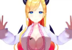 1girl 3d animated blonde_hair blue_eyes breast_press breast_tattoo breasts cleavage demon_horns demon_wings hololive horns large_breasts long_hair looking_at_viewer maio_maitake multicolored_hair orange_hair shirt smile tagme tattoo two-tone_hair upper_body video virtual_youtuber white_background white_shirt wings yuzuki_choco